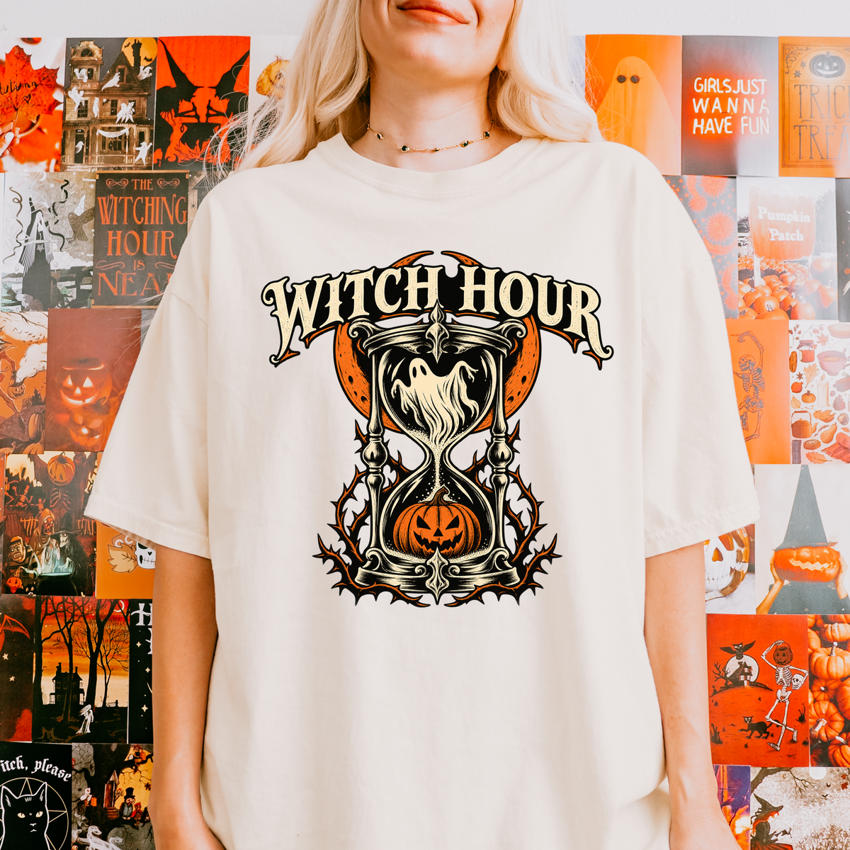 Haunted Hourglass Halloween T-Shirt, Witch Hour Ghost and Pumpkin, Gothic Woodcut Spooky Season Comfort Colors