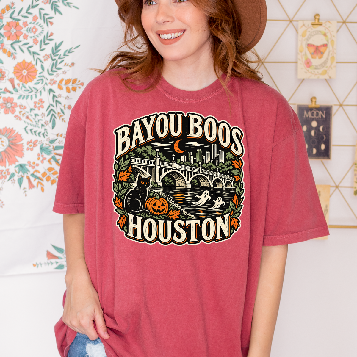 Houston Halloween T-Shirt, Sabine Street Bridge Bayou Boos, Black Cat Folk Art, Comfort Colors Texas Souvenir