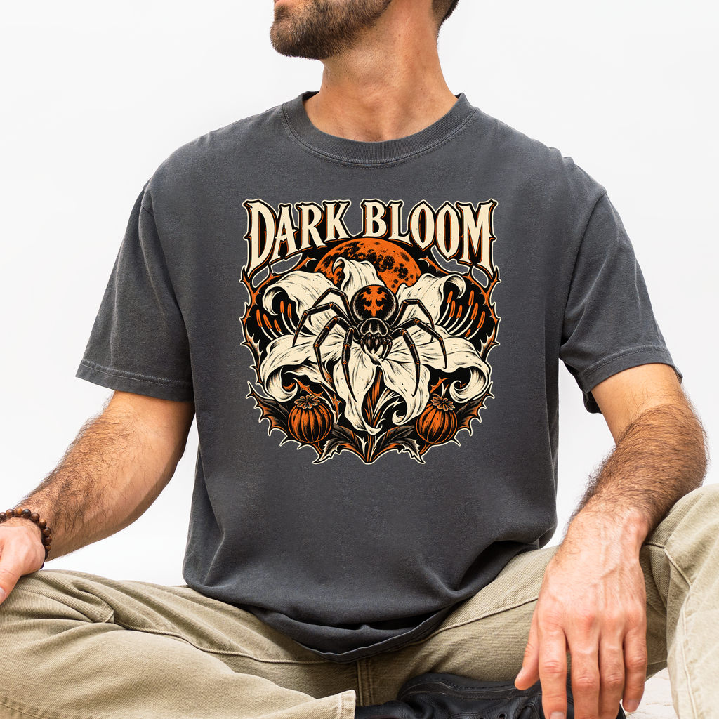 Spider Lily Halloween T-Shirt, Dark Bloom Gothic Woodcut, Orange Moon and Pumpkin Pods, Comfort Colors