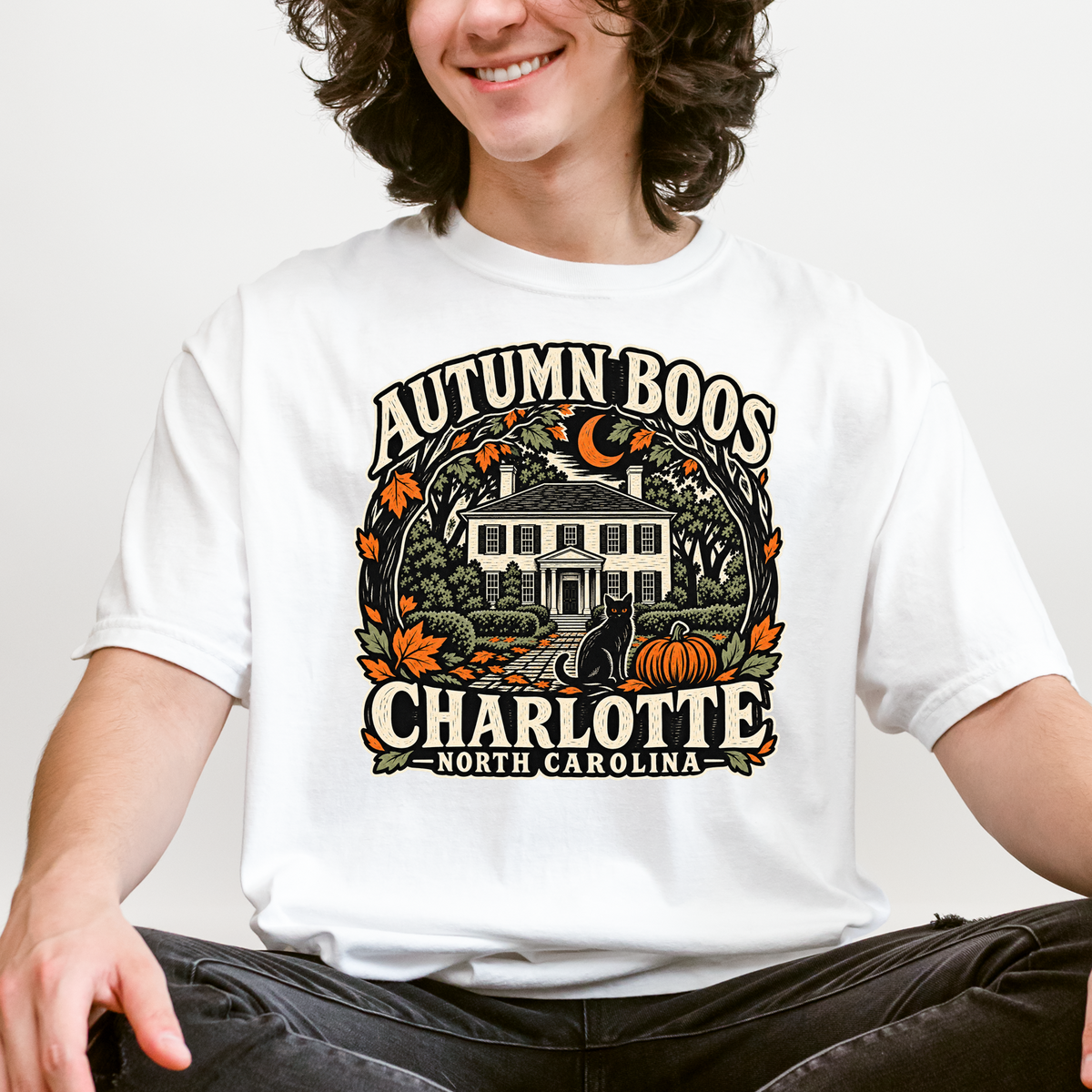 Charlotte Halloween T-Shirt, Historic Rosedale Black Cat and Pumpkin Folk Art, North Carolina Comfort Colors