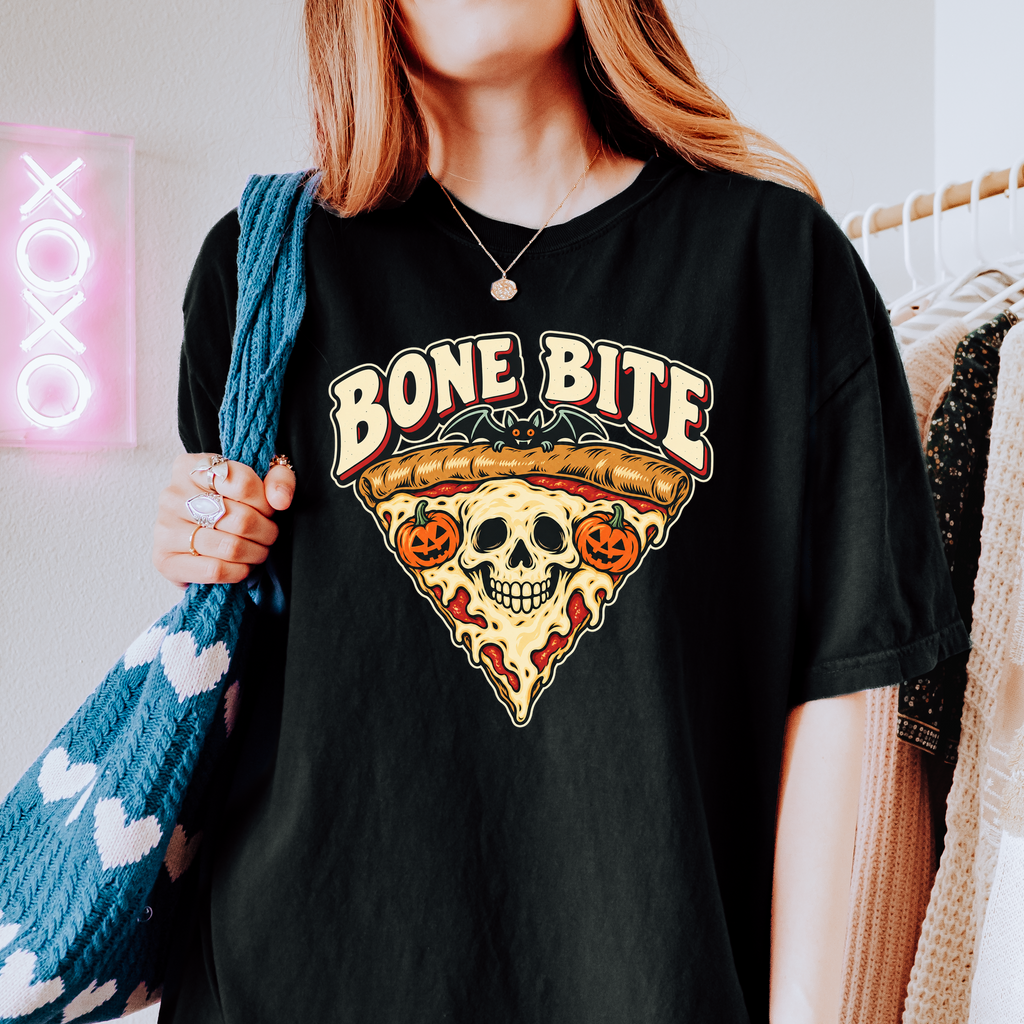 Skeleton Pizza Halloween T-shirt, Bone Bite Retro Diner Skull Slice, Pumpkin and Bat Comfort Colors