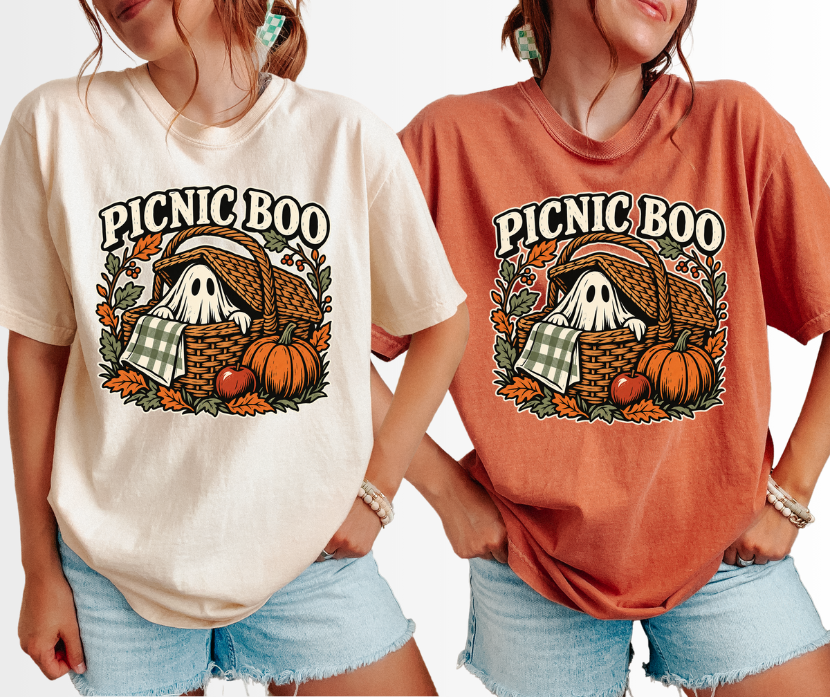 Ghost Picnic Basket Halloween T-Shirt, Picnic Boo Folk Art, Pumpkin Woodcut Illustration, Comfort Colors