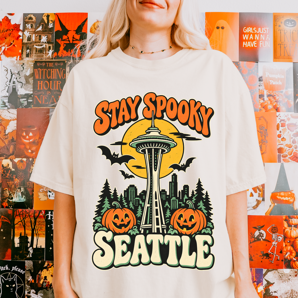 Seattle Halloween T-Shirt, Space Needle Pumpkin Scene, Retro 1950s Cartoon, Comfort Colors Washington Souvenir