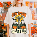 Seattle Halloween T-Shirt, Space Needle Pumpkin Scene, Retro 1950s Cartoon, Comfort Colors Washington Souvenir