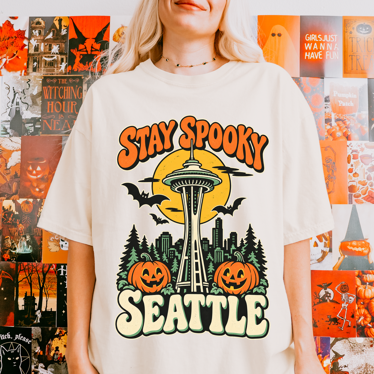Seattle Halloween T-Shirt, Space Needle Pumpkin Scene, Retro 1950s Cartoon, Comfort Colors Washington Souvenir