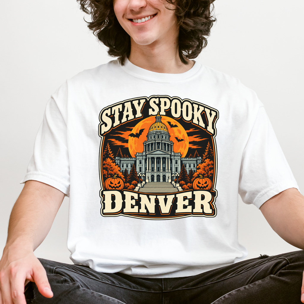 Denver Halloween T-Shirt, Colorado State Capitol, Comfort Colors Retro Pumpkin Souvenir, Spooky Season Bats