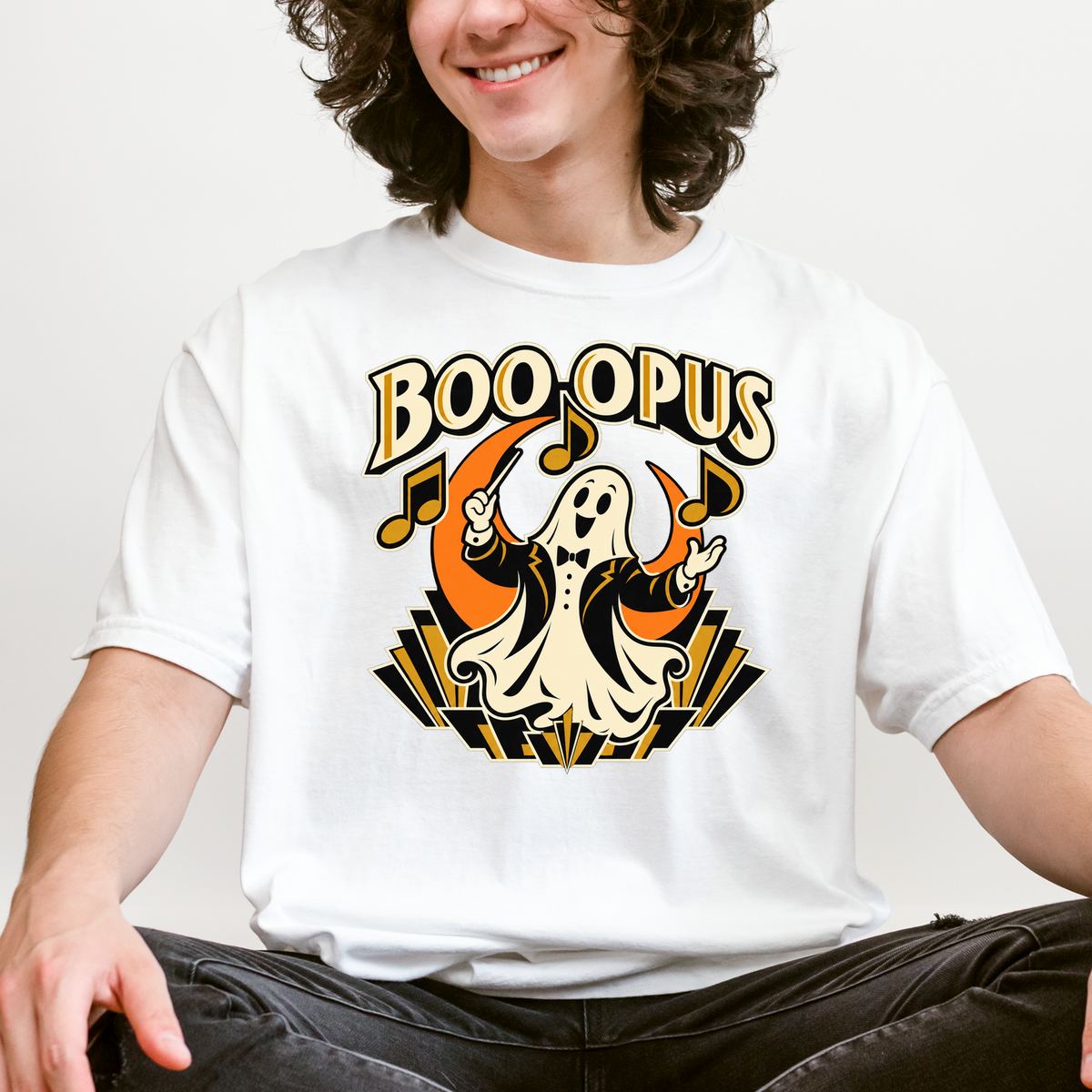 Ghost Music Conductor Halloween T-Shirt, Boo Opus Art Deco Musical Notes, Comfort Colors Spooky Season