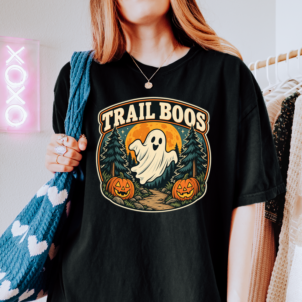 Ghost Halloween T-Shirt, Trail Boos Forest Badge, Retro Pine Trees, Jack-o-Lanterns and Harvest Moon, Comfort Colors