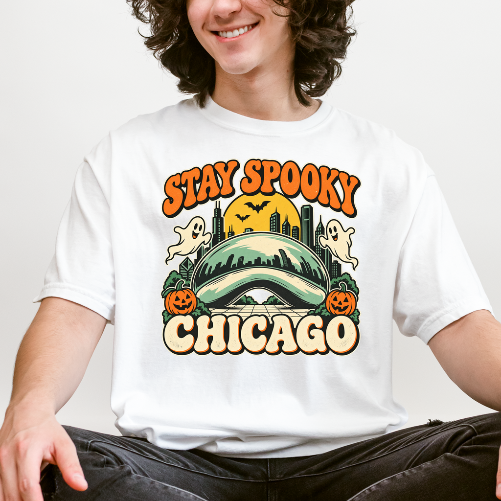 Chicago Halloween T-Shirt, Illinois Cloud Gate Retro Cartoon, Stay Spooky Pumpkin Ghost Comfort Colors Souvenir