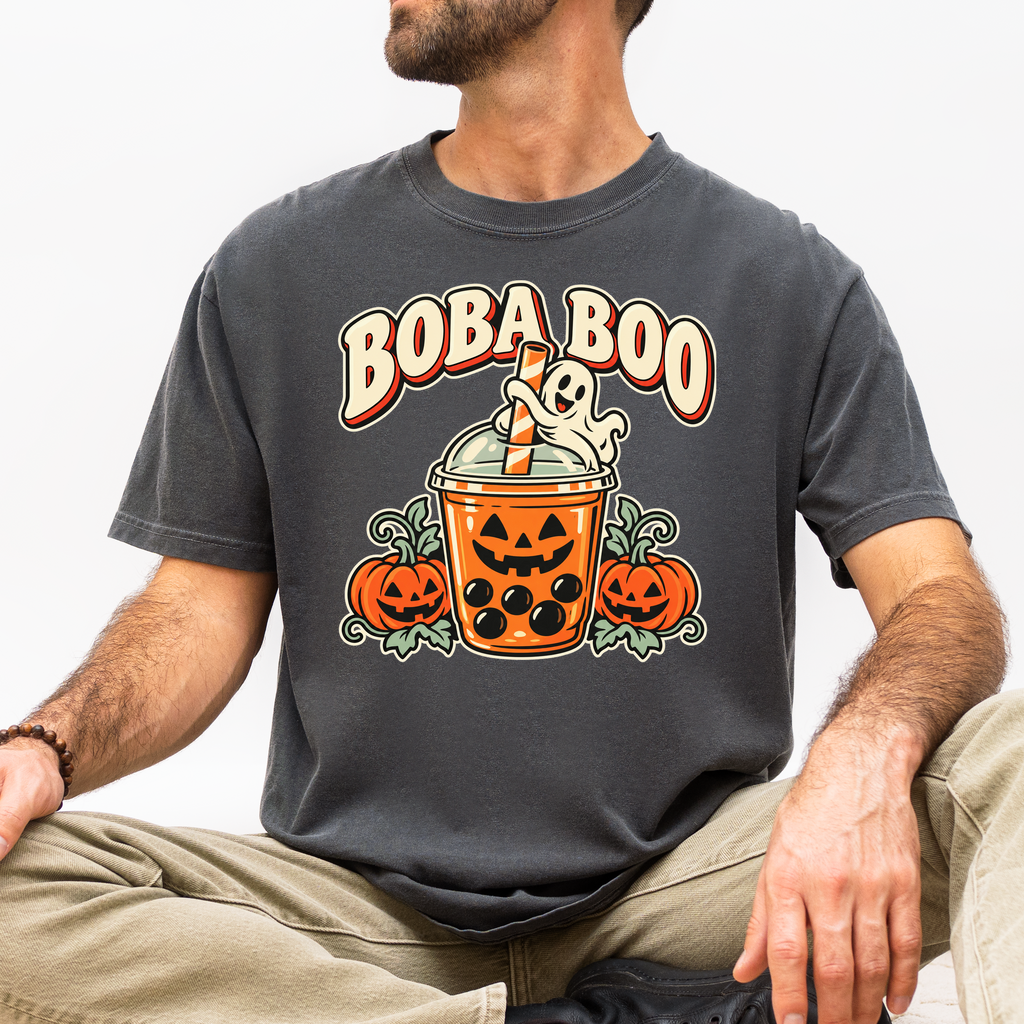Pumpkin Boba Halloween T-Shirt, Boba Boo Ghost Cup, Retro Diner Spooky Season Art, Comfort Colors