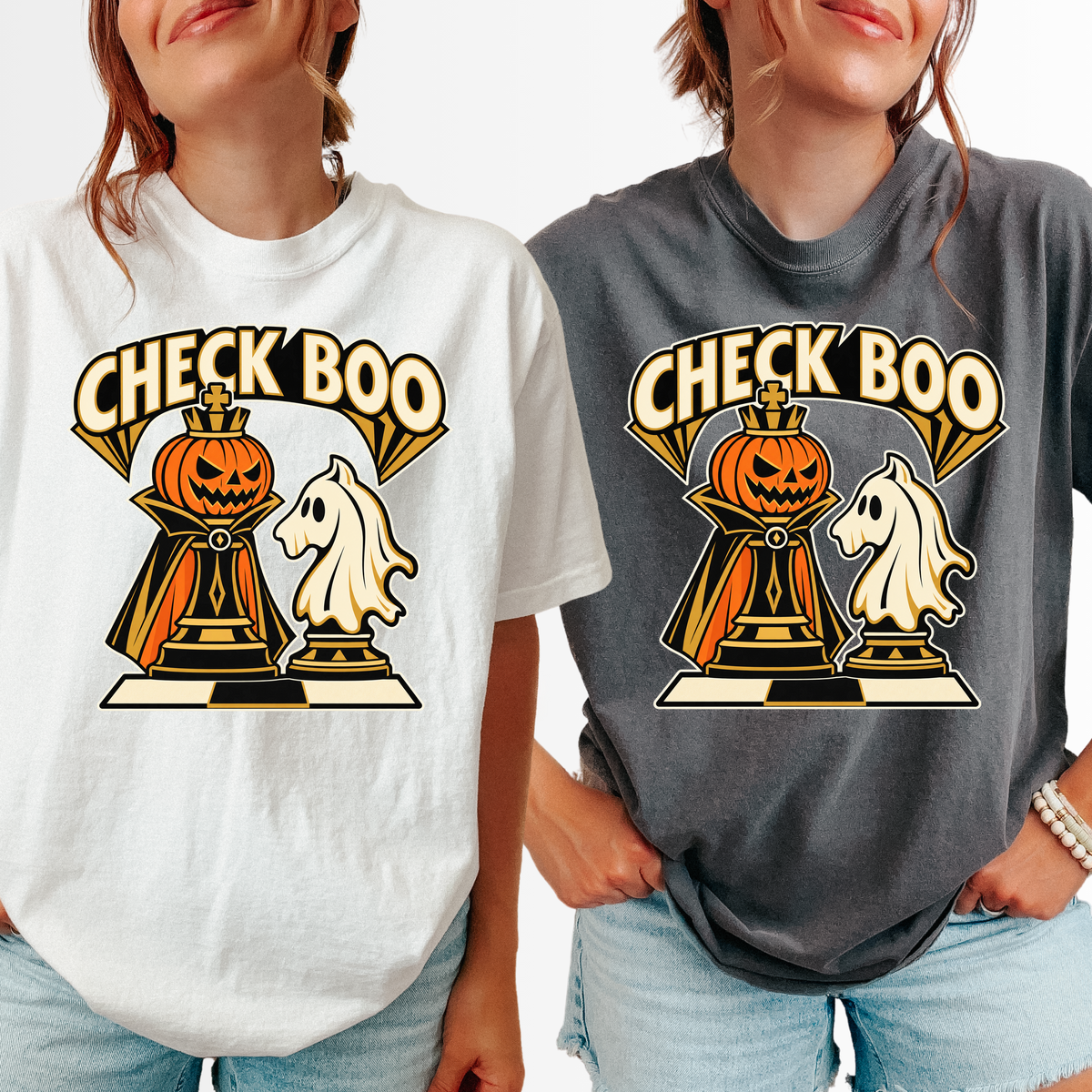 Pumpkin Chess Halloween T-Shirt, Check Boo King and Ghost Knight, Art Deco Spooky Season, Comfort Colors