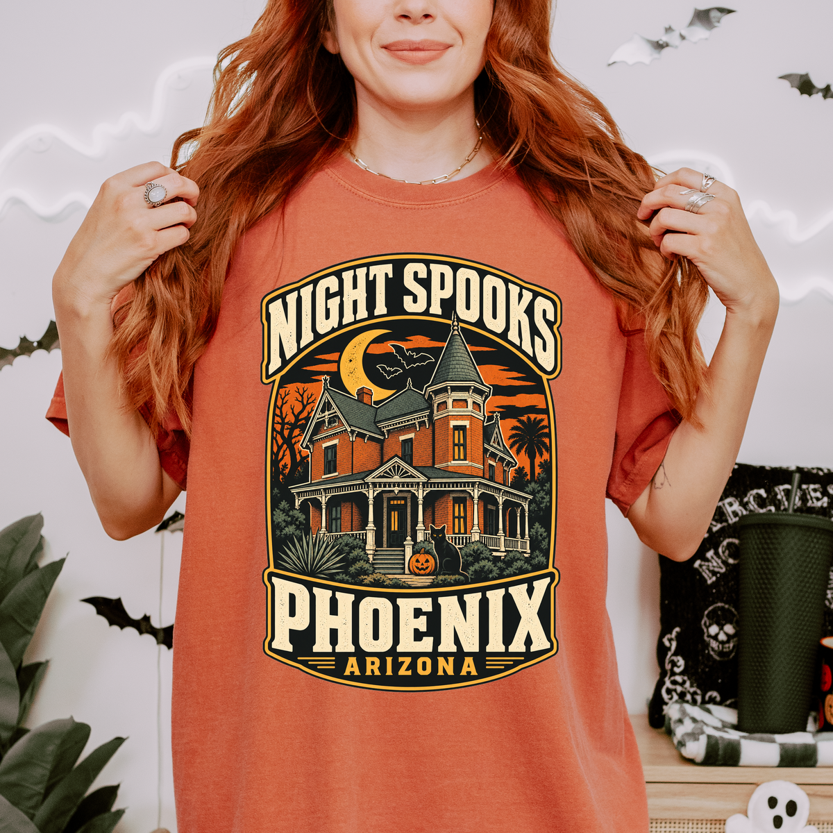 Phoenix Halloween T-Shirt, Rosson House Black Cat and Pumpkin, Retro Arizona Souvenir, Comfort Colors Spooky Season