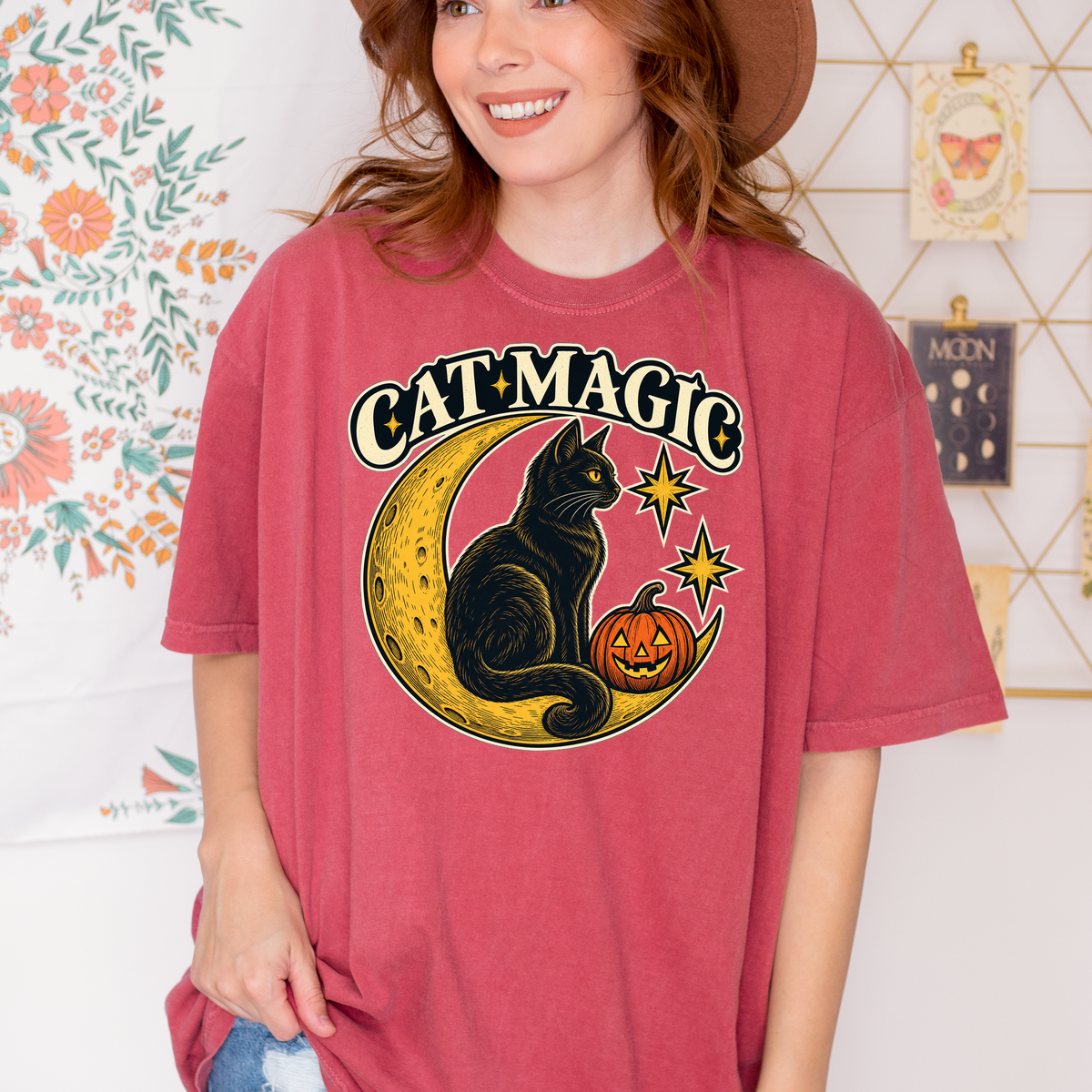 Black Cat Halloween T-Shirt, Cat Magic Crescent Moon, Celestial Pumpkin Art, Antique Linework, Comfort Colors