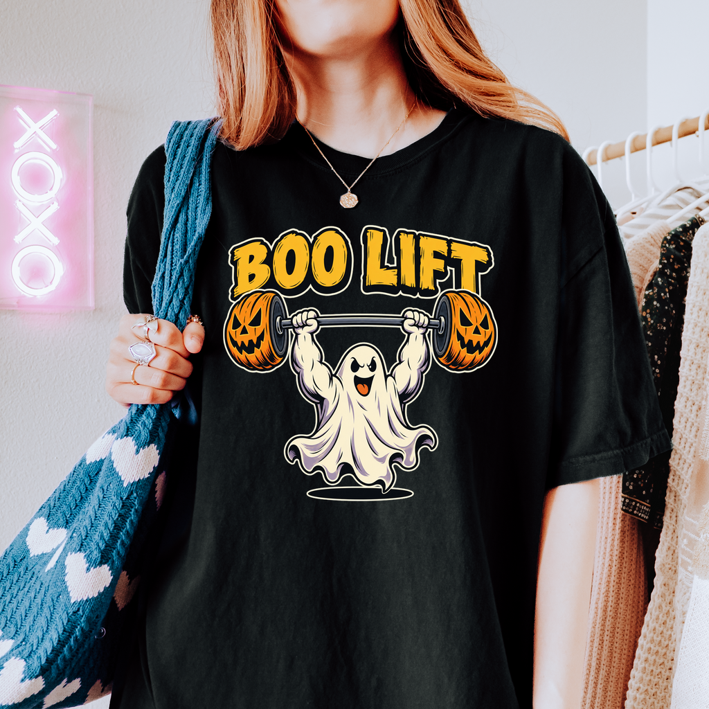 Ghost Weightlifter Halloween T-Shirt, Boo Lift Pumpkin Barbell, Retro Comic Illustration, Comfort Colors