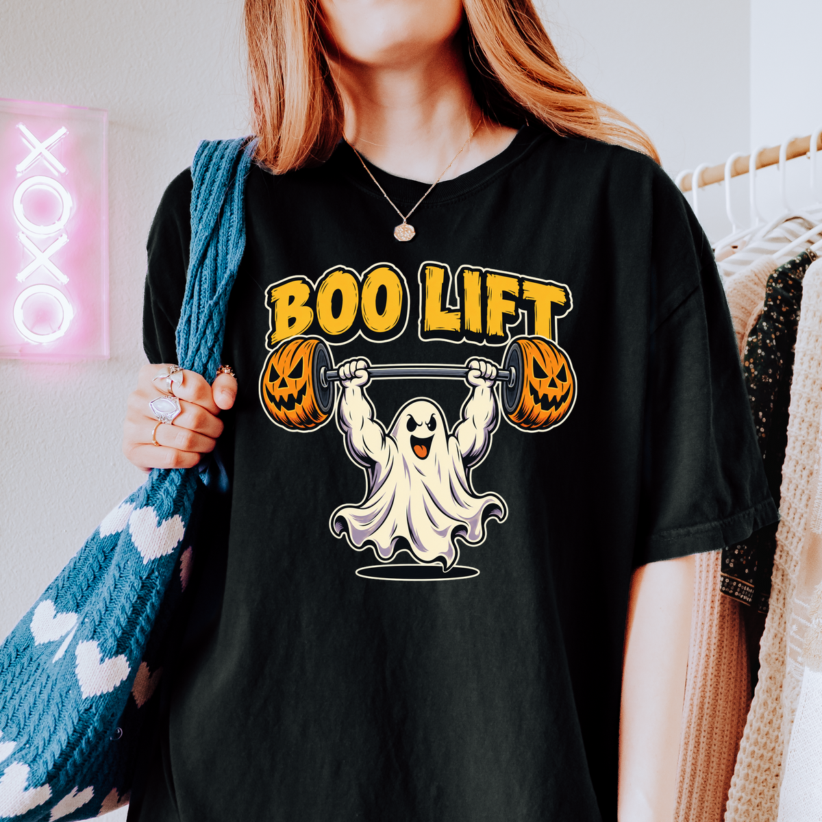 Ghost Weightlifter Halloween T-Shirt, Boo Lift Pumpkin Barbell, Retro Comic Illustration, Comfort Colors