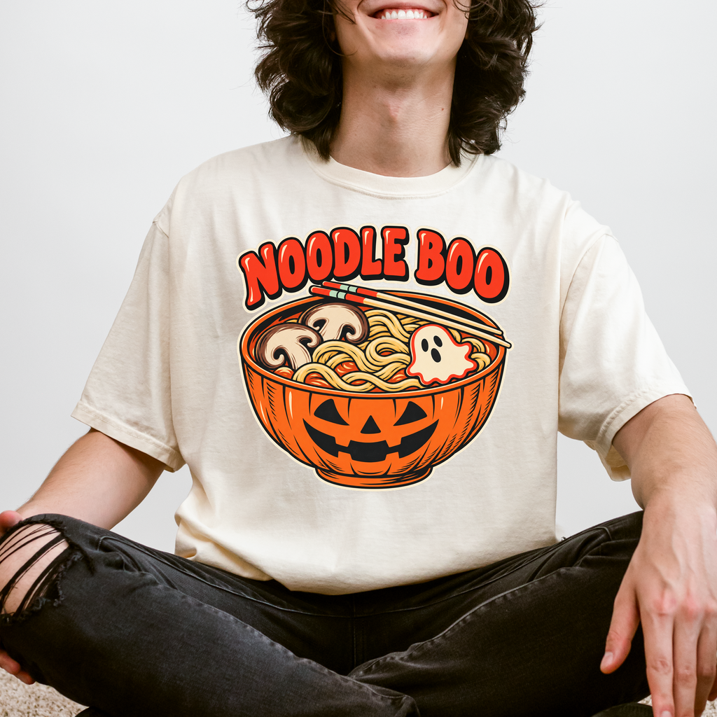 Pumpkin Ramen Halloween T-Shirt, Noodle Boo Jack-o-Lantern Bowl, Retro Diner Ghost Fish Cake, Comfort Colors
