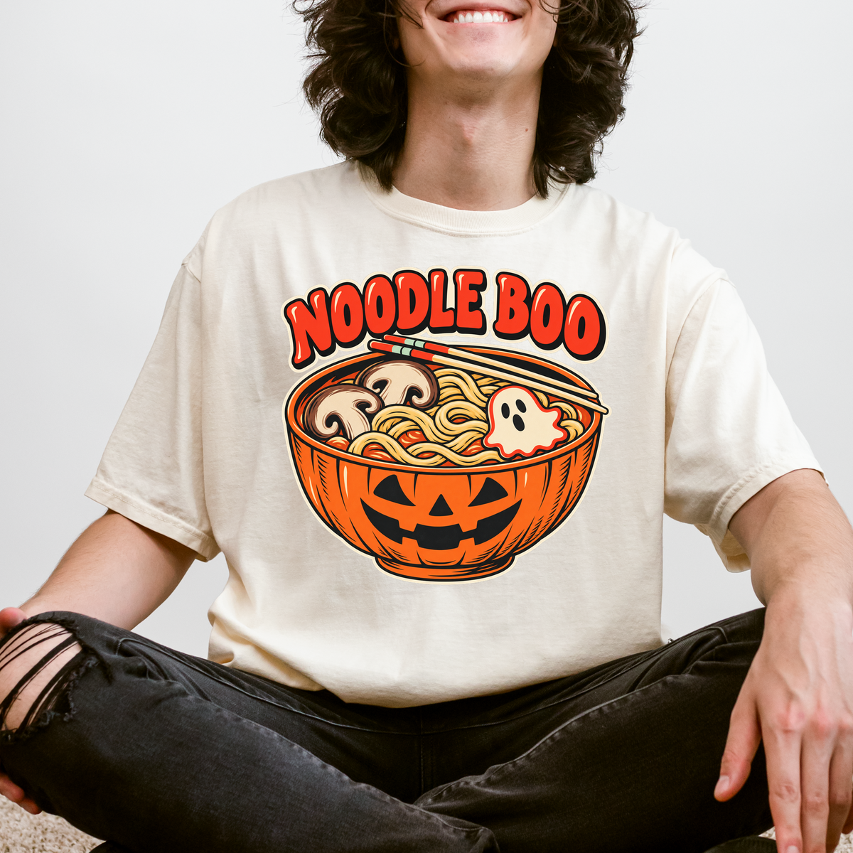 Pumpkin Ramen Halloween T-Shirt, Noodle Boo Jack-o-Lantern Bowl, Retro Diner Ghost Fish Cake, Comfort Colors