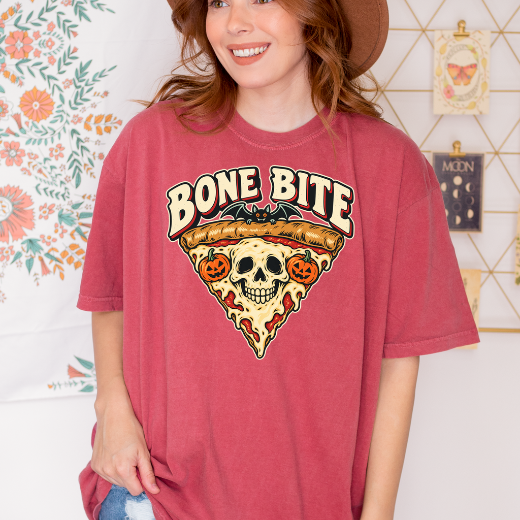 Skeleton Pizza Halloween T-shirt, Bone Bite Retro Diner Skull Slice, Pumpkin and Bat Comfort Colors