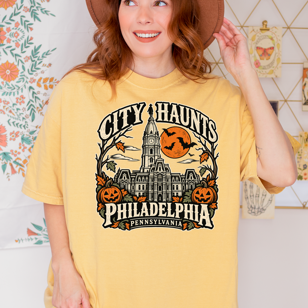 Philadelphia Halloween T-Shirt, City Hall Woodcut Folk Art, Pumpkin Lanterns, Pennsylvania Souvenir, Comfort Colors