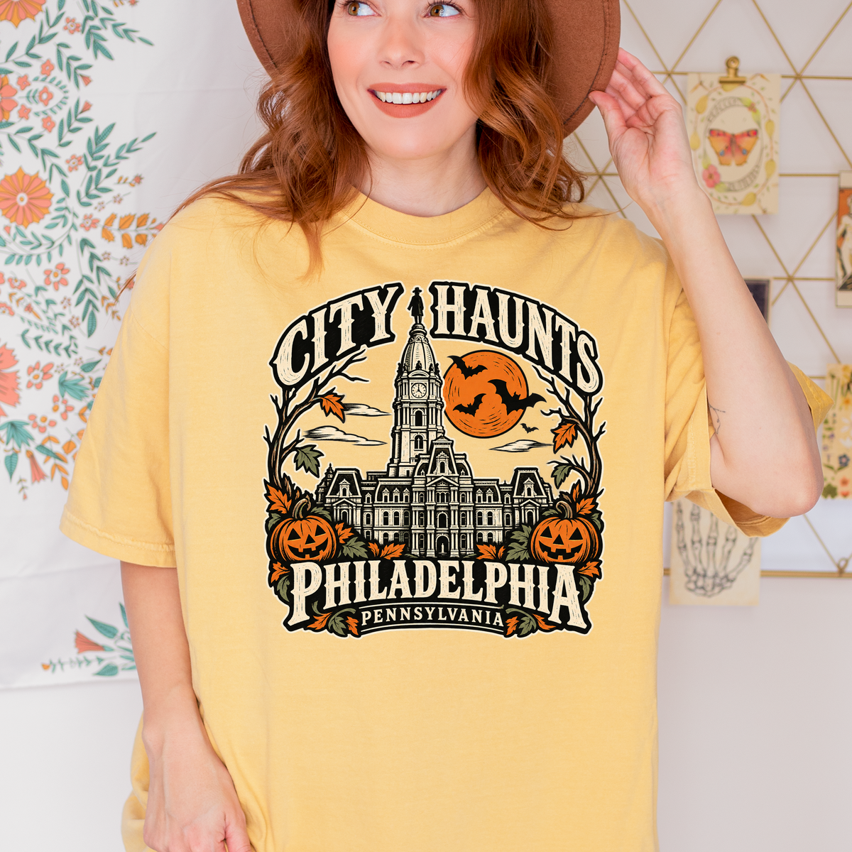 Philadelphia Halloween T-Shirt, City Hall Woodcut Folk Art, Pumpkin Lanterns, Pennsylvania Souvenir, Comfort Colors