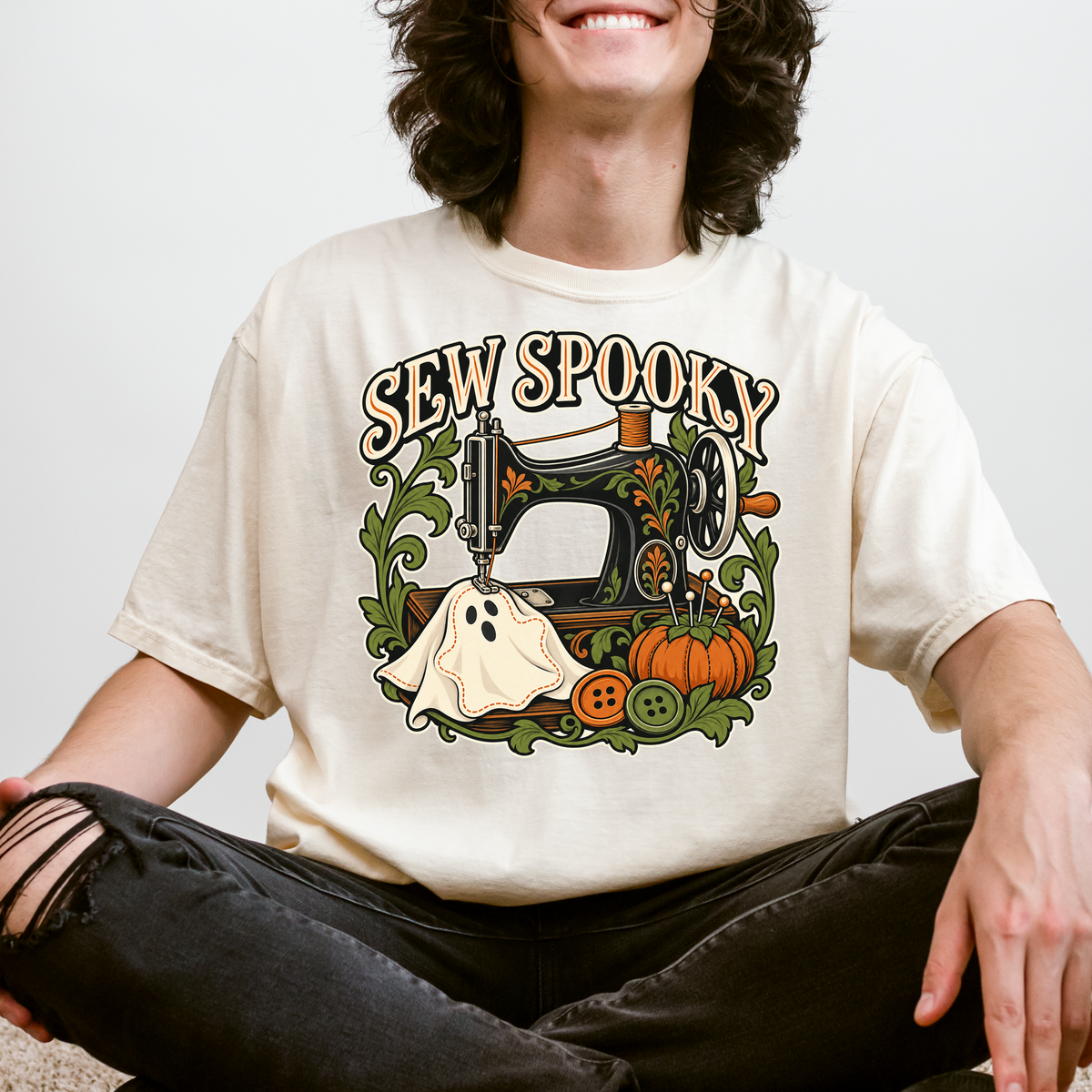 Sewing Machine Halloween T-Shirt, Sew Spooky Ghost Patch, Art Nouveau Pumpkin Design, Comfort Colors