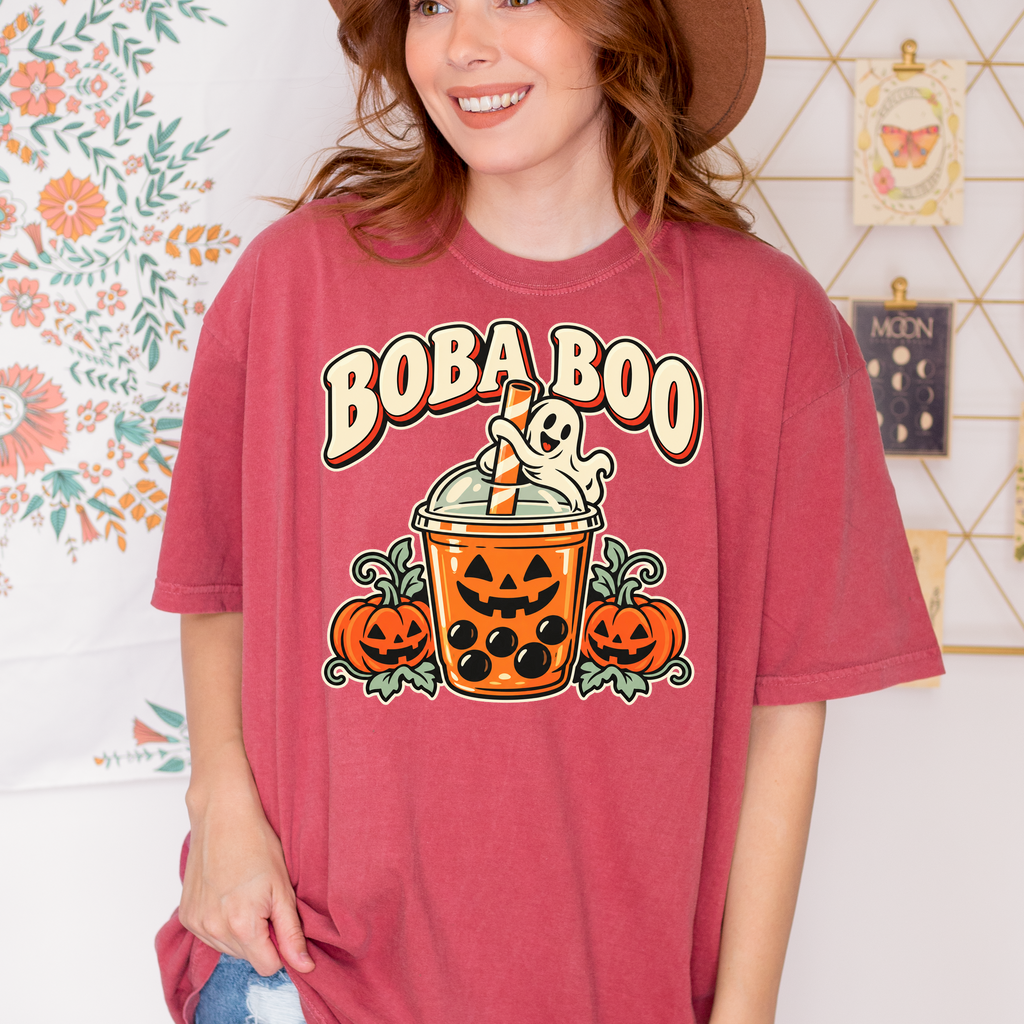 Pumpkin Boba Halloween T-Shirt, Boba Boo Ghost Cup, Retro Diner Spooky Season Art, Comfort Colors
