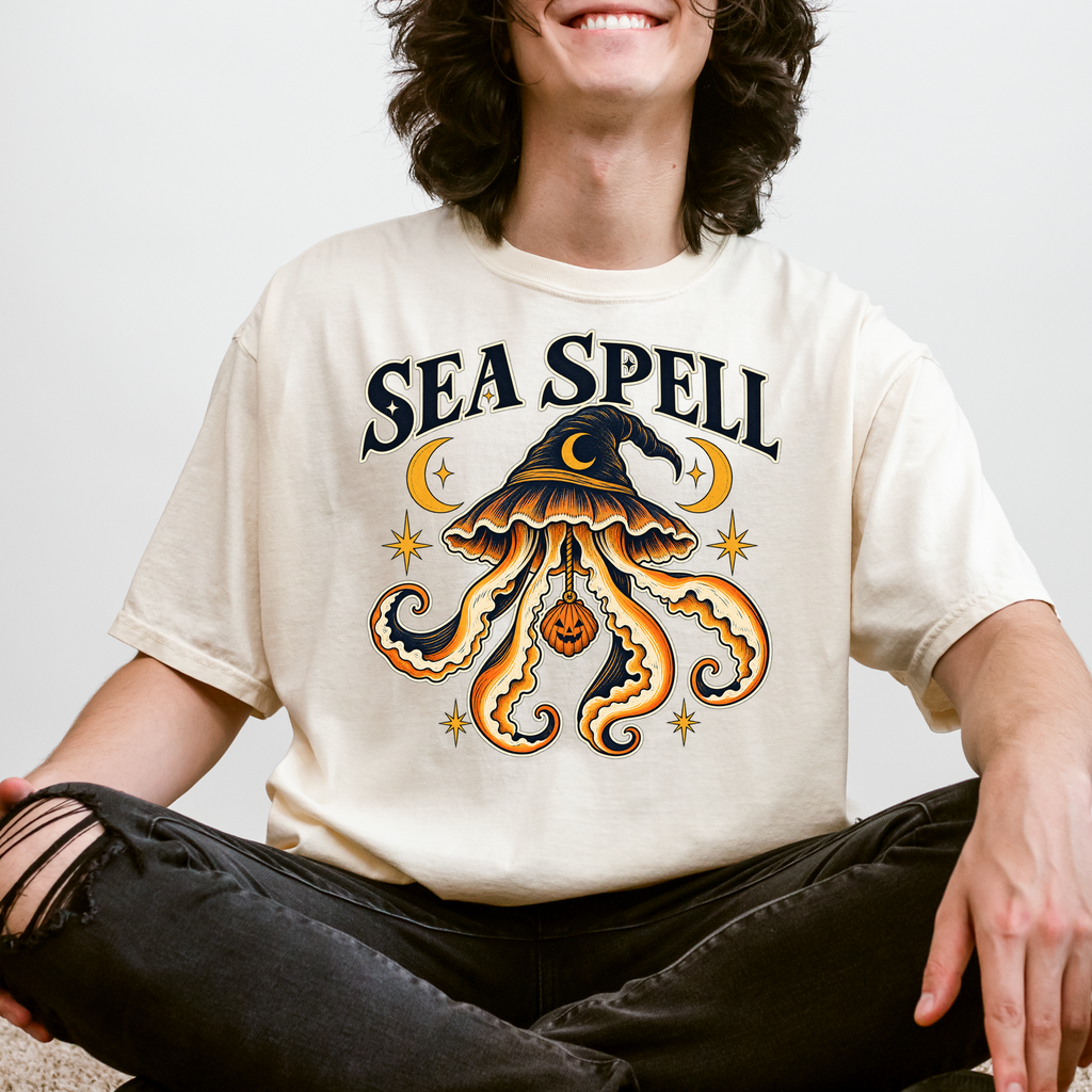 Witch Hat Jellyfish Halloween T-Shirt, Pumpkin Seashell, Celestial Gothic Sea Spell Art, Comfort Colors
