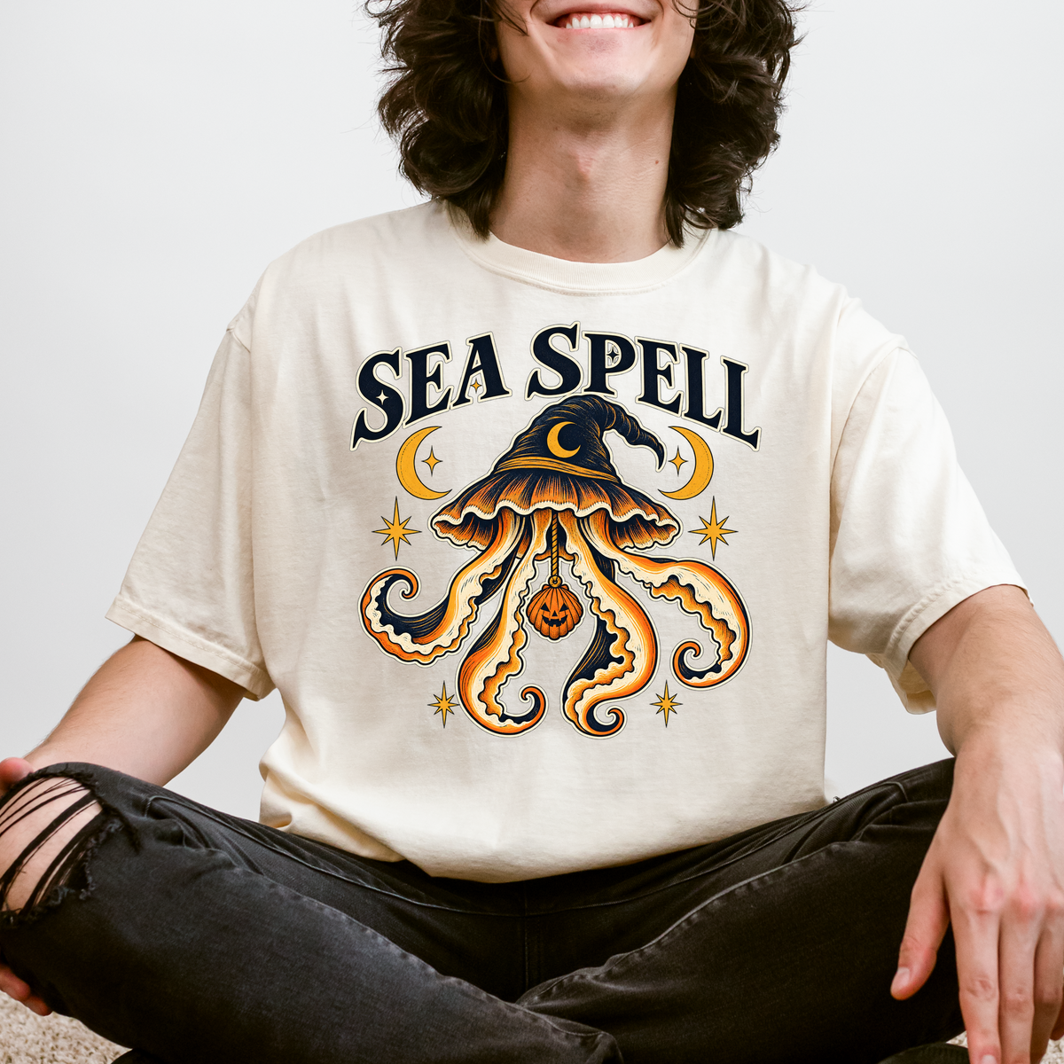 Witch Hat Jellyfish Halloween T-Shirt, Pumpkin Seashell, Celestial Gothic Sea Spell Art, Comfort Colors