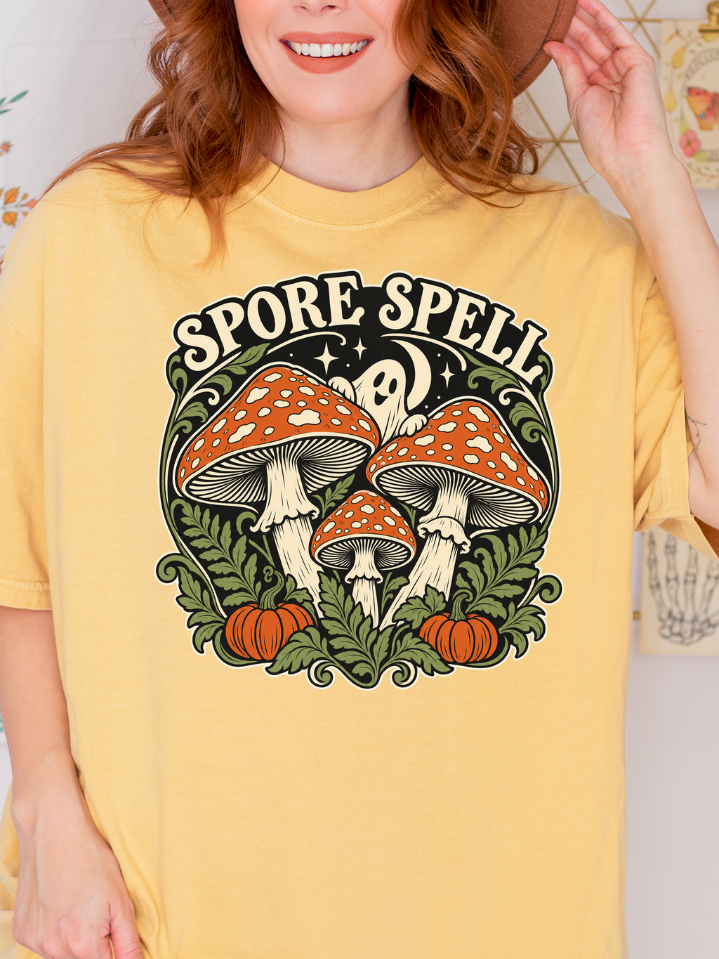 Halloween T-Shirt, Midnight Mushroom Circle, Comfort Colors, Art Nouveau Artwork