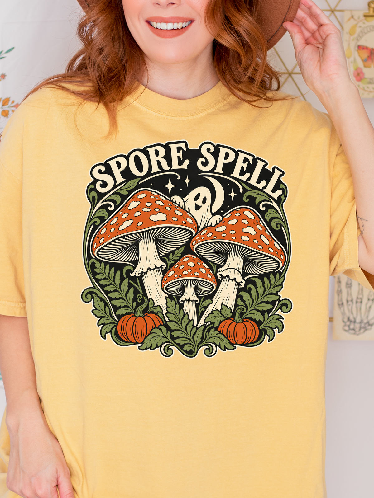Halloween T-Shirt, Midnight Mushroom Circle, Comfort Colors, Art Nouveau Artwork