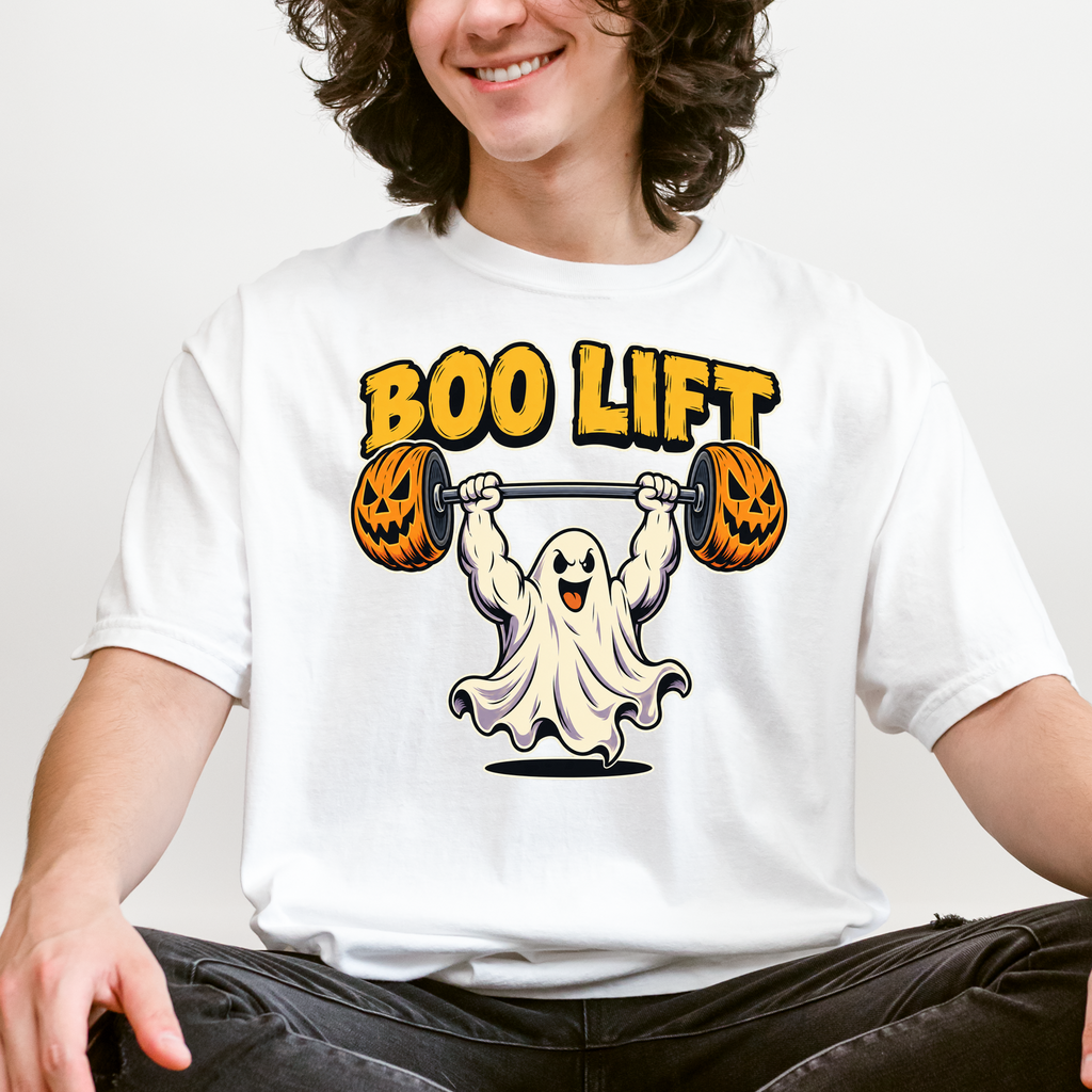 Ghost Weightlifter Halloween T-Shirt, Boo Lift Pumpkin Barbell, Retro Comic Illustration, Comfort Colors