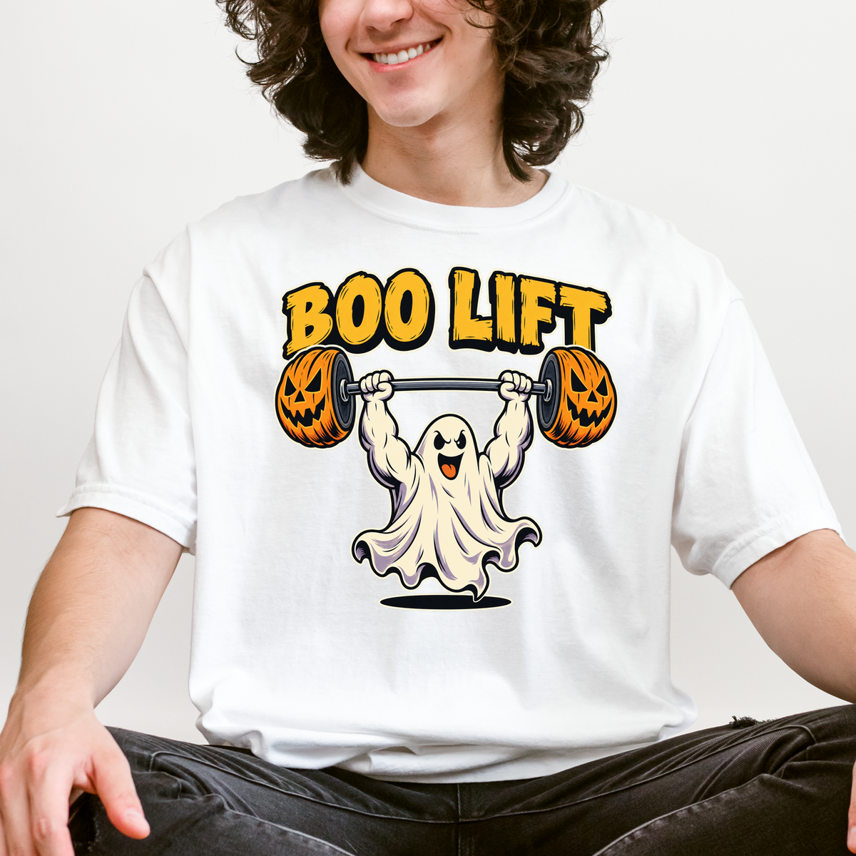 Ghost Weightlifter Halloween T-Shirt, Boo Lift Pumpkin Barbell, Retro Comic Illustration, Comfort Colors