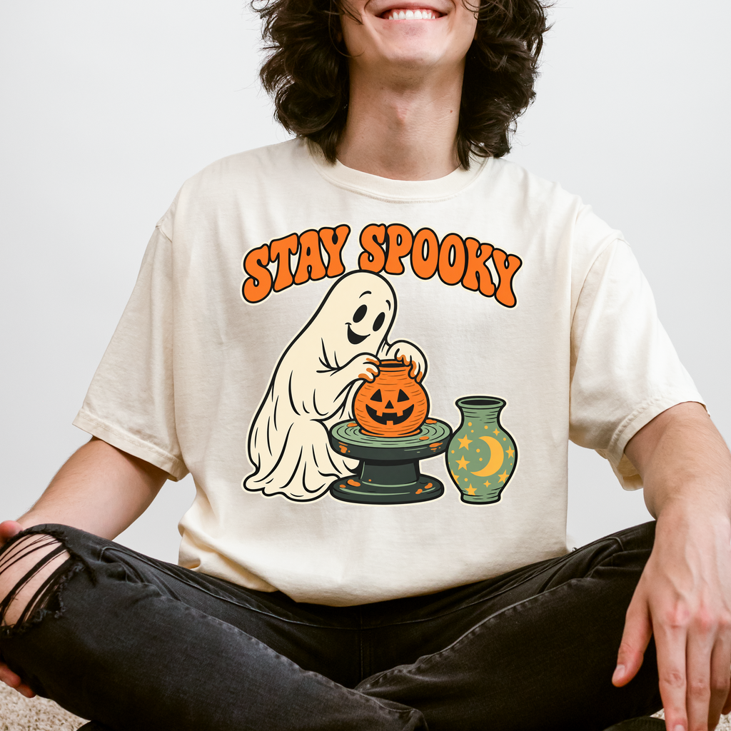 Ghost Pottery Halloween T-Shirt, Stay Spooky Pumpkin Clay Pot, Retro 1950s Cartoon, Comfort Colors Spooky Season