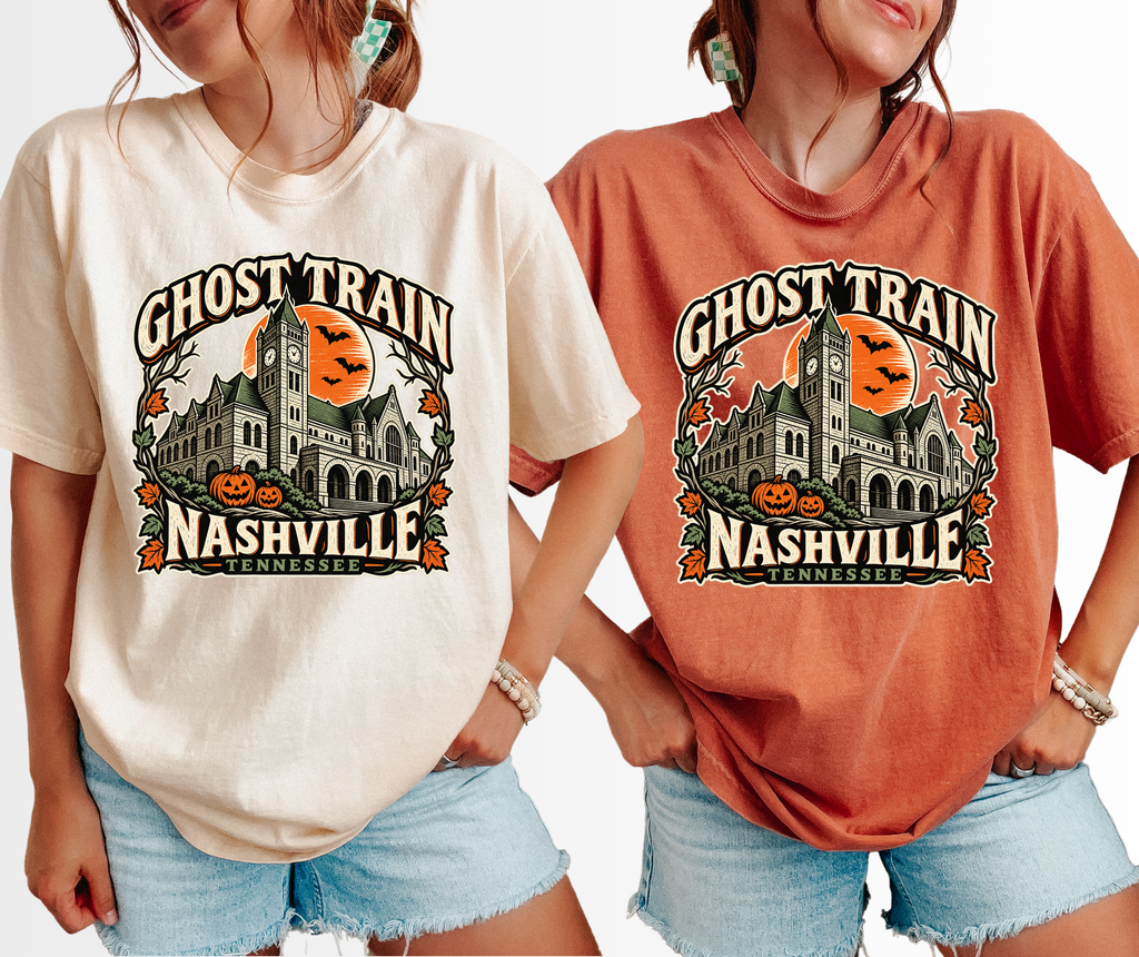 Nashville Halloween T-Shirt, Union Station Ghost Train, Comfort Colors, Woodcut Folk Art, Pumpkin Tennessee Souvenir