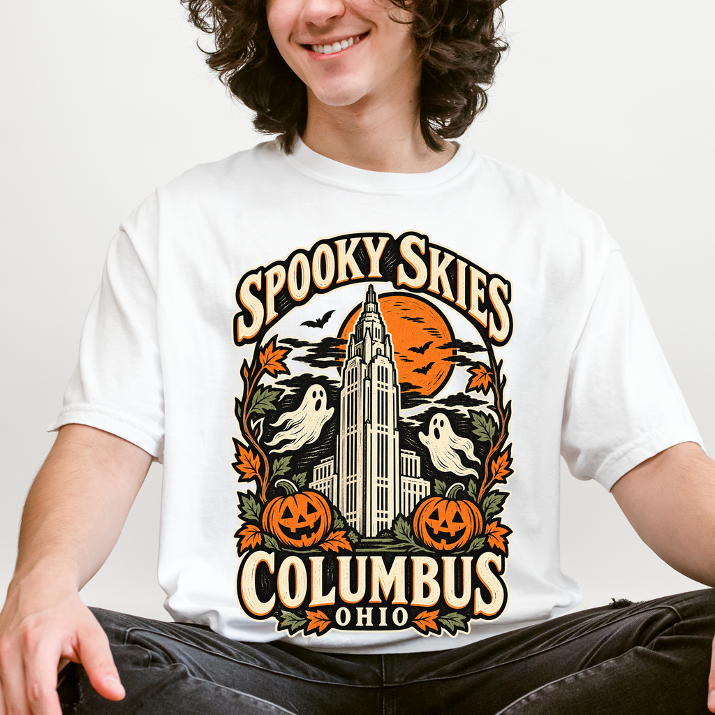 Columbus Halloween T-Shirt, LeVeque Tower Moon and Ghosts, Woodcut Folk Art, Comfort Colors Ohio Souvenir