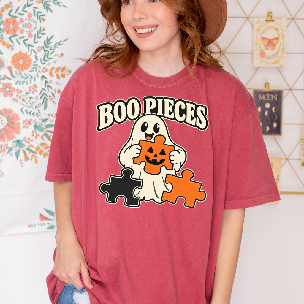 Ghost Halloween T-Shirt, Boo Pieces Pumpkin Puzzle Design, Minimalist Spooky Season, Comfort Colors