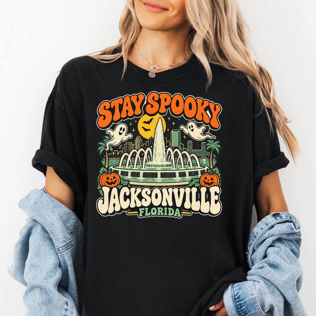 Jacksonville Halloween T-Shirt, Friendship Fountain Retro Ghost and Pumpkin Design, Florida Comfort Colors Souvenir