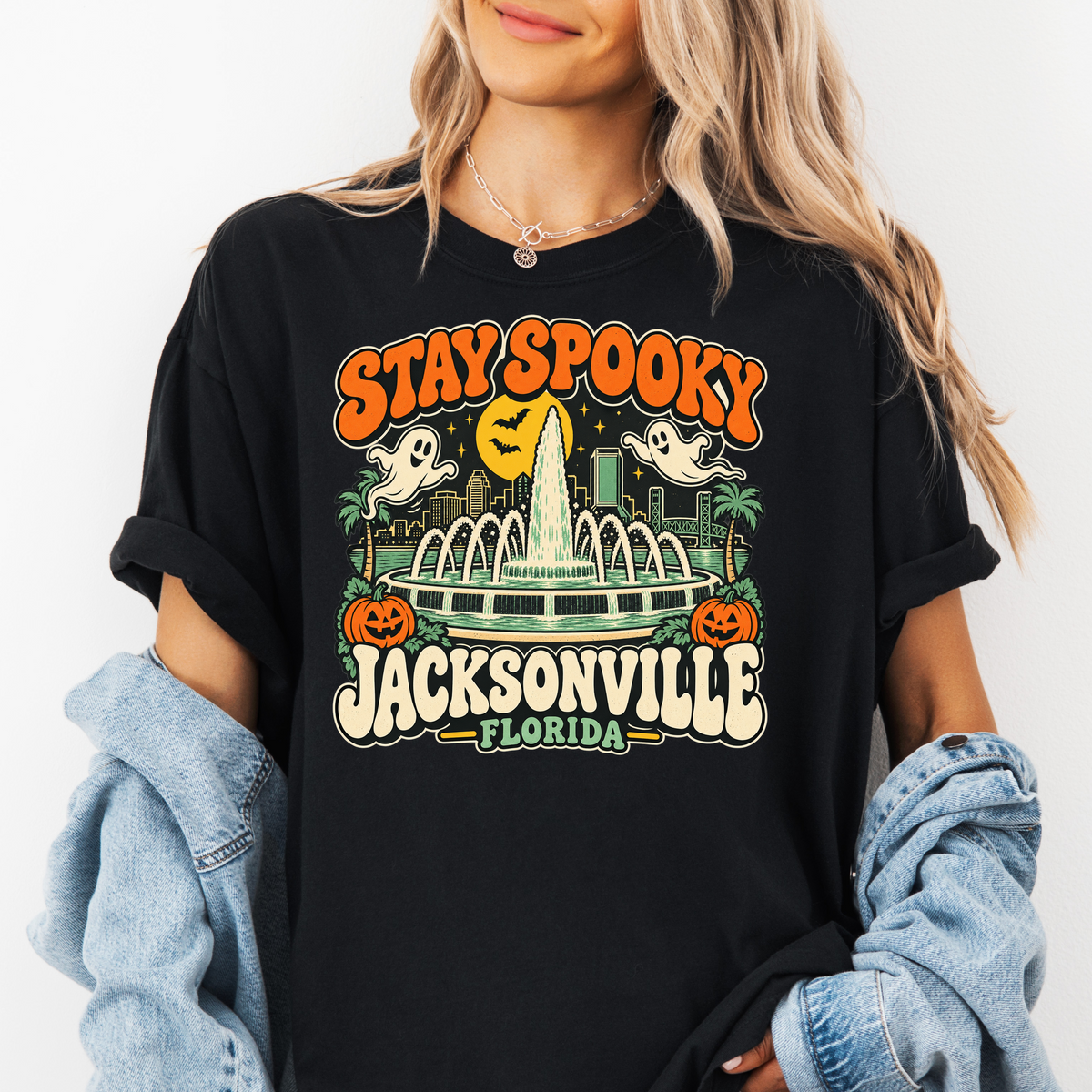 Jacksonville Halloween T-Shirt, Friendship Fountain Retro Ghost and Pumpkin Design, Florida Comfort Colors Souvenir