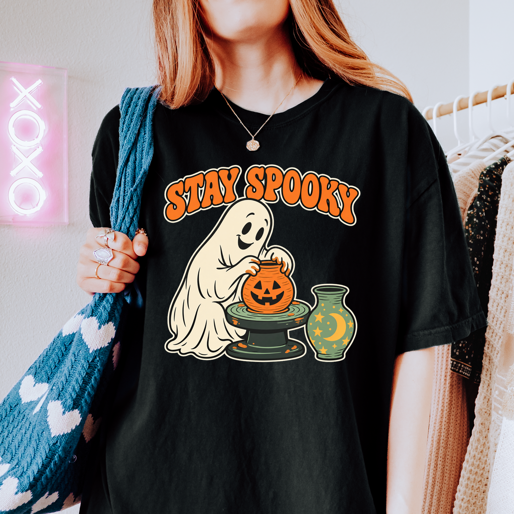Ghost Pottery Halloween T-Shirt, Stay Spooky Pumpkin Clay Pot, Retro 1950s Cartoon, Comfort Colors Spooky Season
