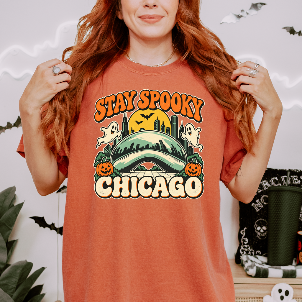 Chicago Halloween T-Shirt, Illinois Cloud Gate Retro Cartoon, Stay Spooky Pumpkin Ghost Comfort Colors Souvenir
