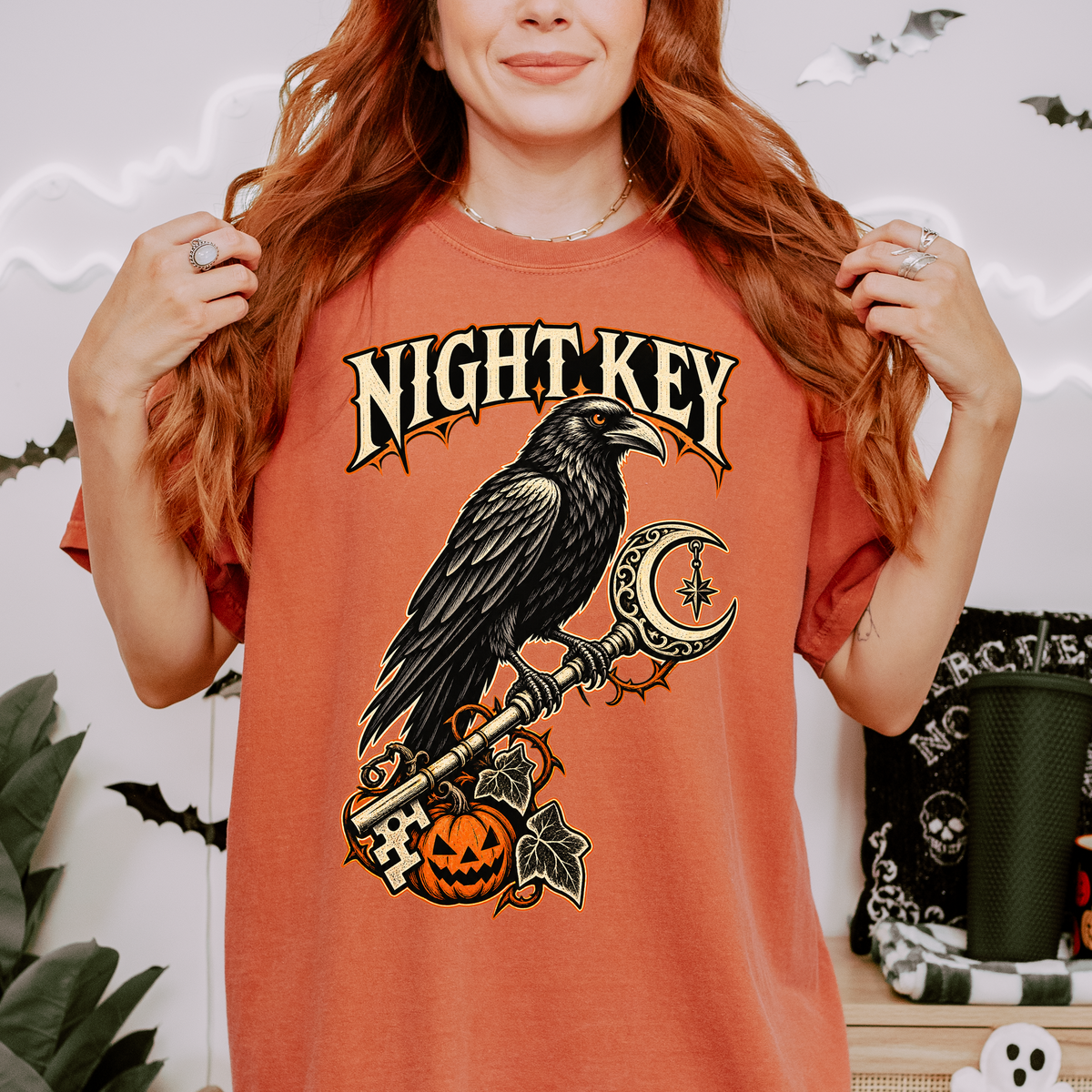 Raven Halloween T-Shirt, Ornate Skeleton Key and Pumpkin, Gothic Woodcut Spooky Season Art, Comfort Colors