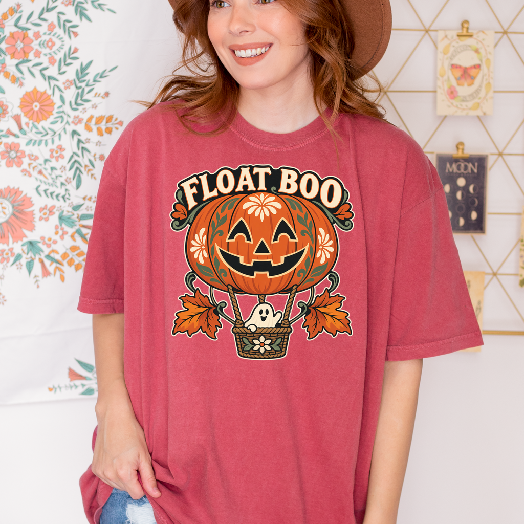 Pumpkin Hot Air Balloon Halloween T-Shirt, Friendly Ghost Basket, Folk Art Spooky Season, Comfort Colors