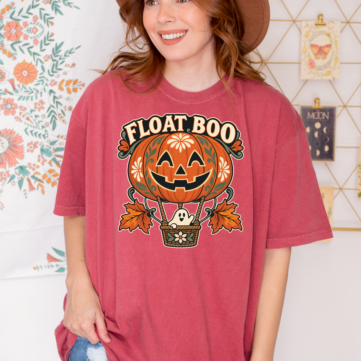 Pumpkin Hot Air Balloon Halloween T-Shirt, Friendly Ghost Basket, Folk Art Spooky Season, Comfort Colors