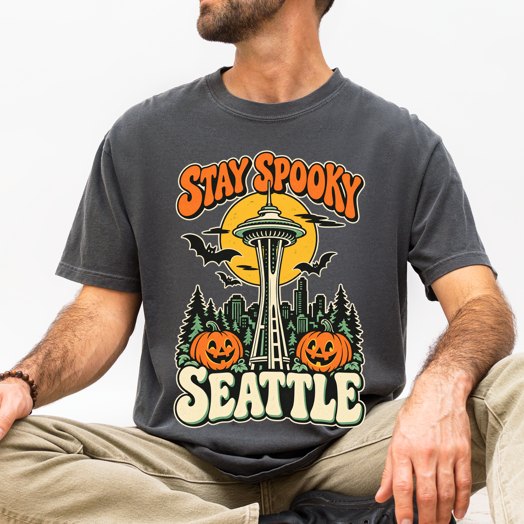 Seattle Halloween T-Shirt, Space Needle Pumpkin Scene, Retro 1950s Cartoon, Comfort Colors Washington Souvenir
