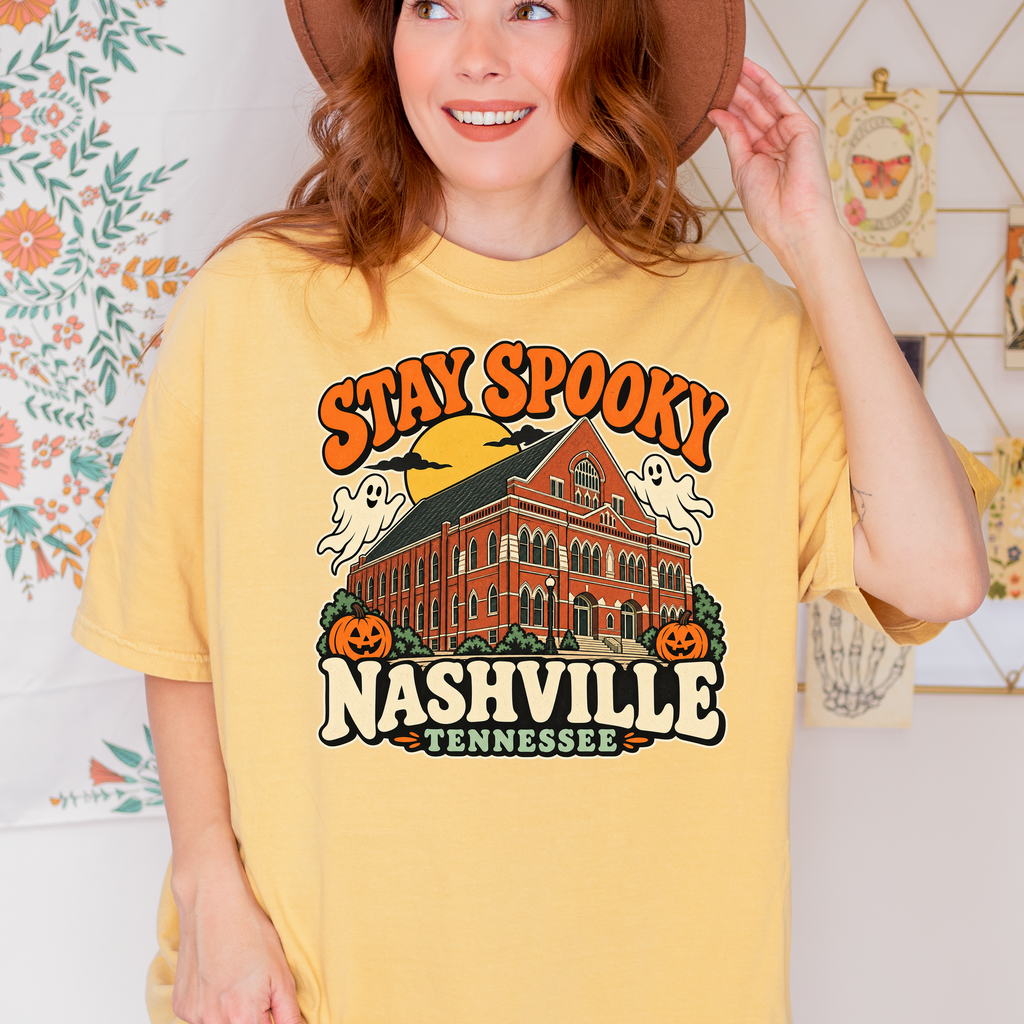 Nashville Halloween T-Shirt, Ryman Auditorium Retro Ghost and Pumpkin Design, Tennessee Souvenir, Comfort Colors