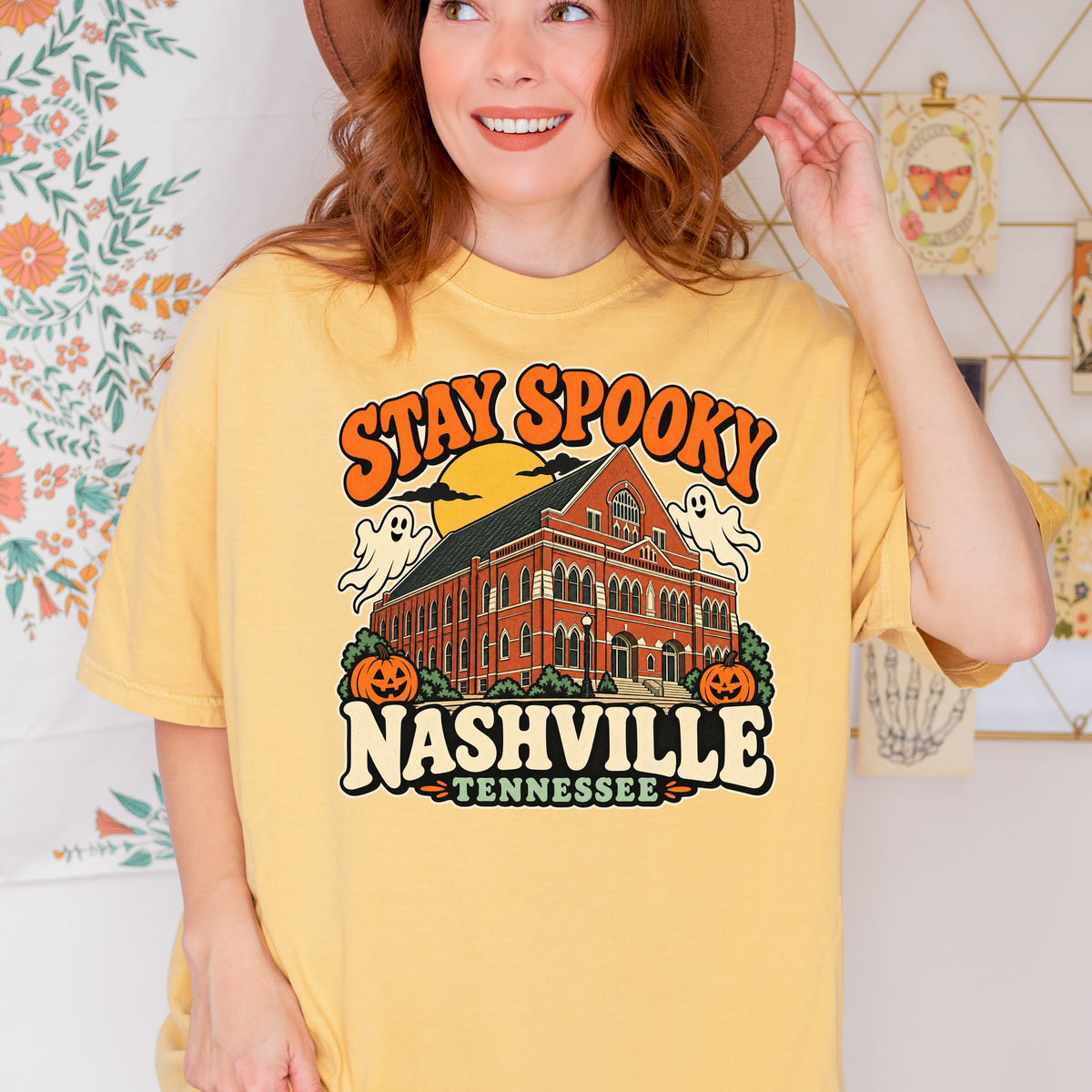 Nashville Halloween T-Shirt, Ryman Auditorium Retro Ghost and Pumpkin Design, Tennessee Souvenir, Comfort Colors
