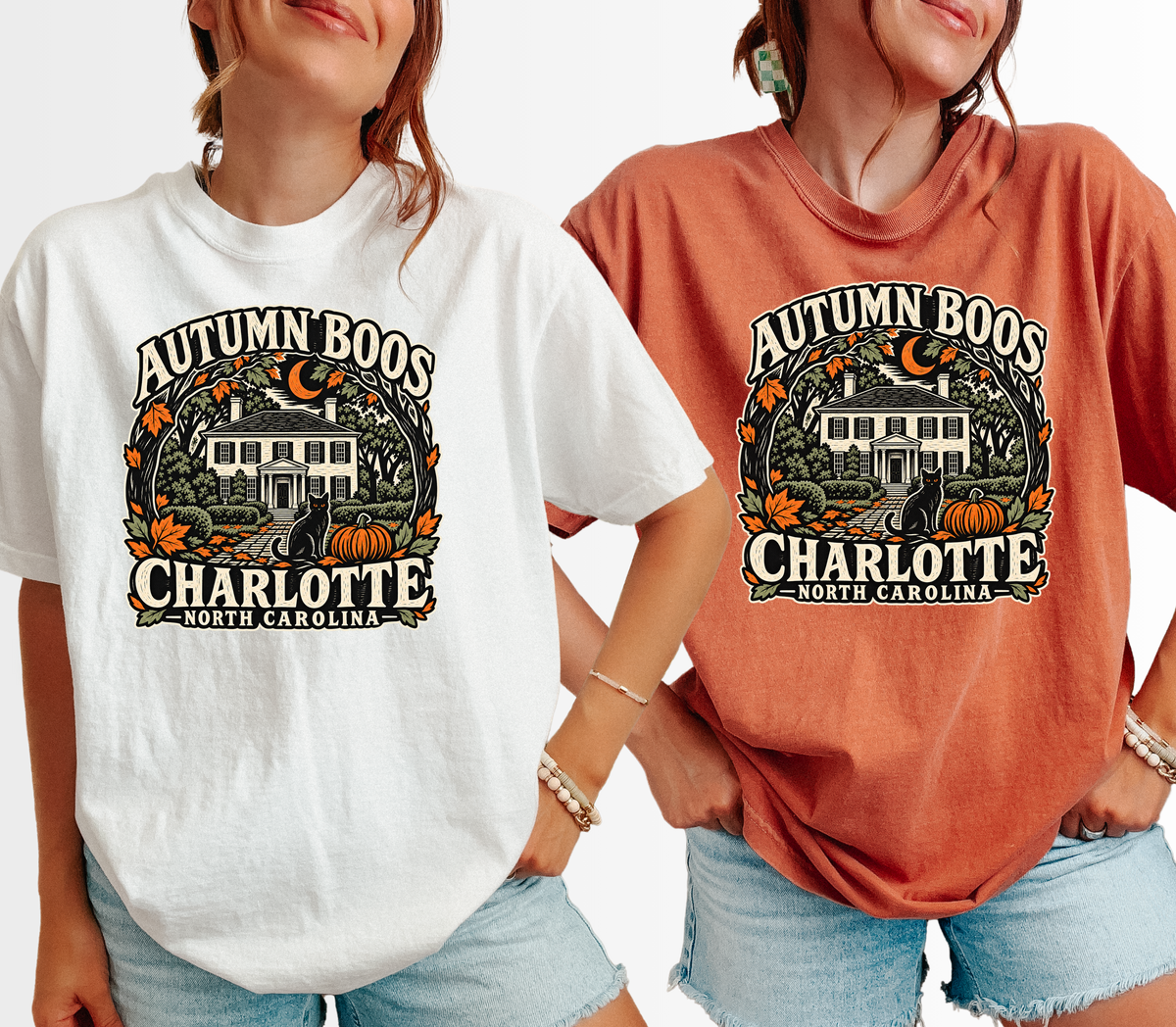 Charlotte Halloween T-Shirt, Historic Rosedale Black Cat and Pumpkin Folk Art, North Carolina Comfort Colors