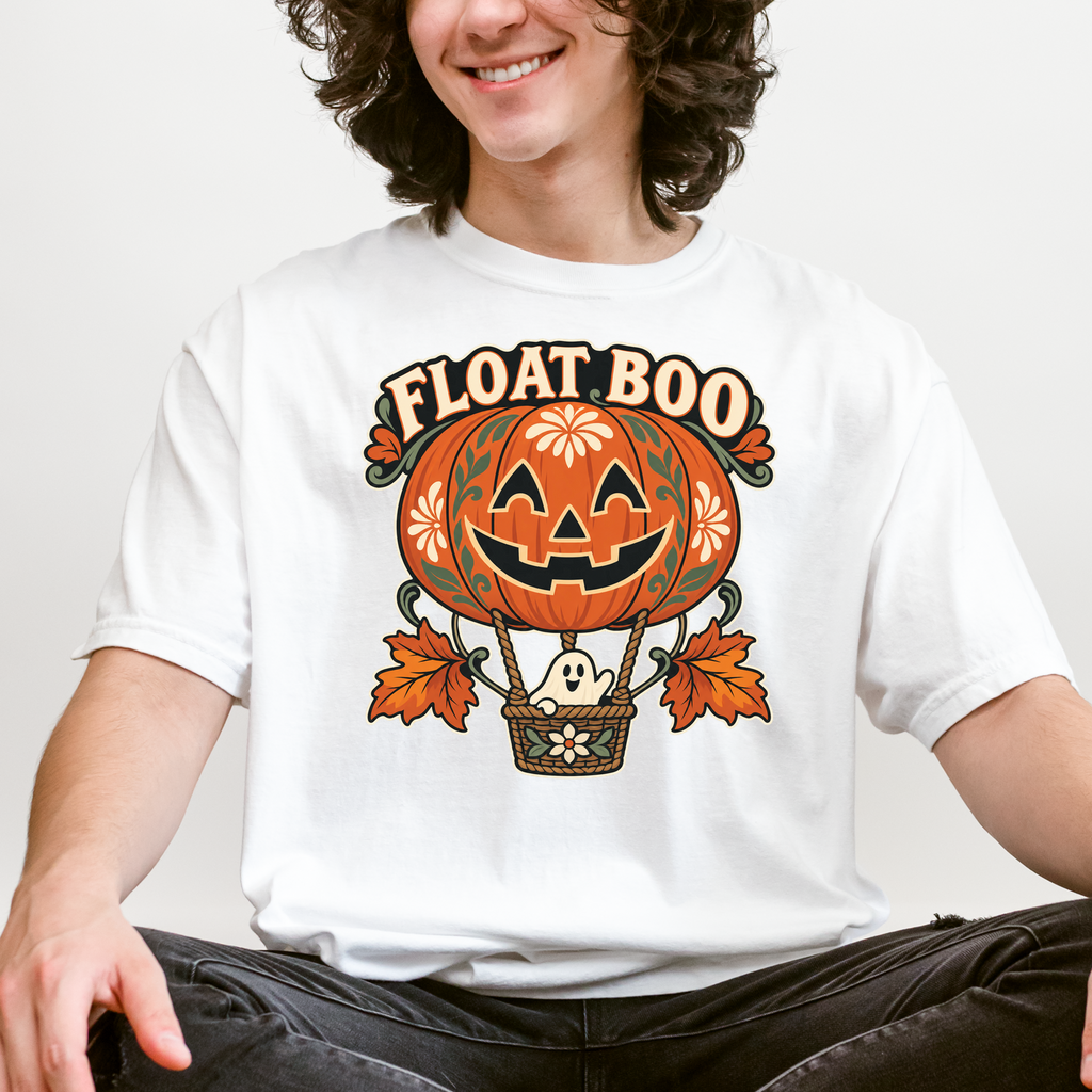 Pumpkin Hot Air Balloon Halloween T-Shirt, Friendly Ghost Basket, Folk Art Spooky Season, Comfort Colors