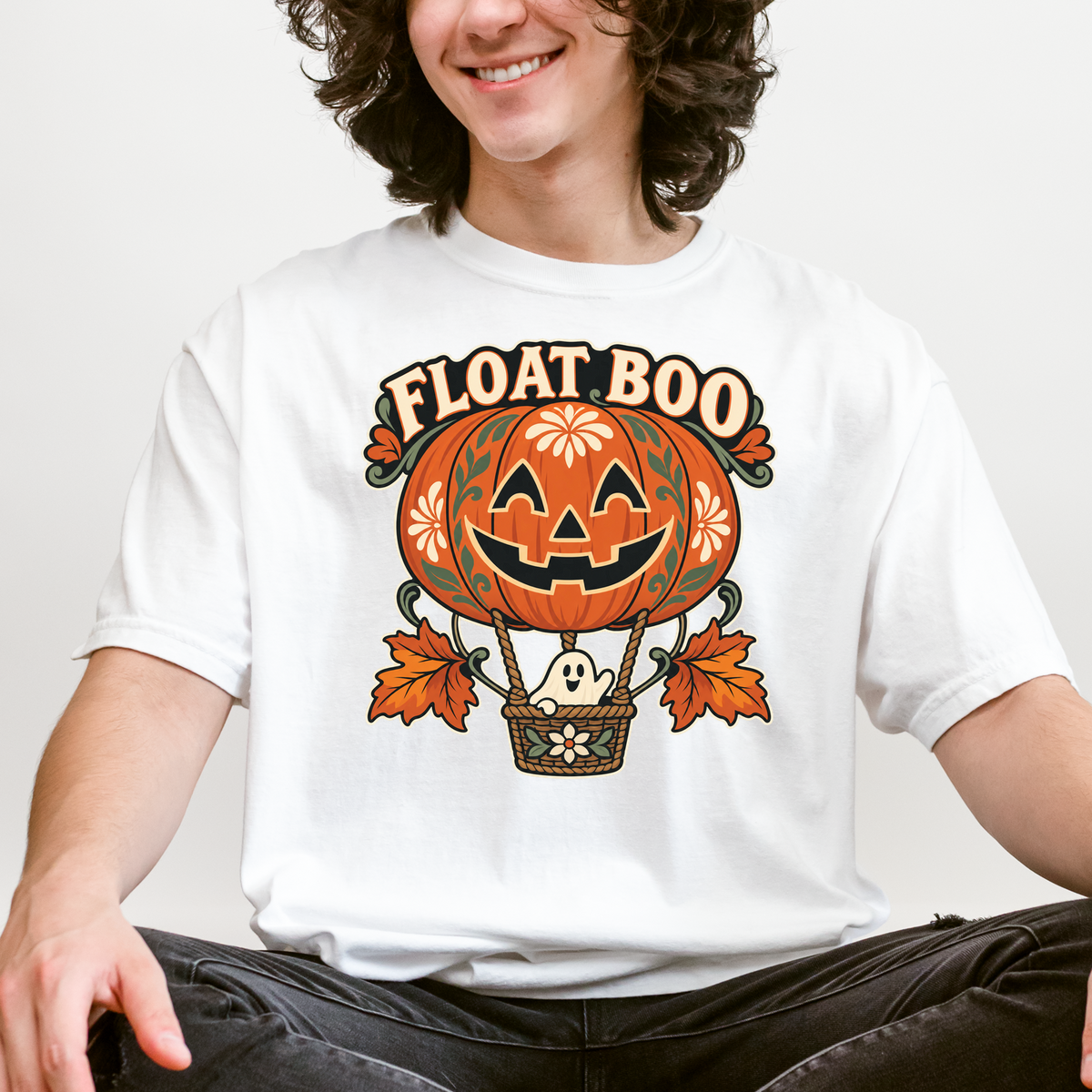 Pumpkin Hot Air Balloon Halloween T-Shirt, Friendly Ghost Basket, Folk Art Spooky Season, Comfort Colors