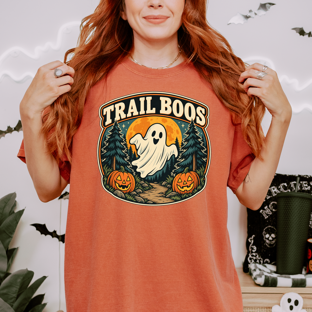 Ghost Halloween T-Shirt, Trail Boos Forest Badge, Retro Pine Trees, Jack-o-Lanterns and Harvest Moon, Comfort Colors